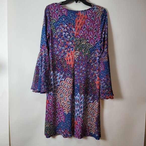 Bohemian/Retro Style Bell Sleeve Tunic Dress Multicolor Peacock Feather Print - Picture 5 of 16